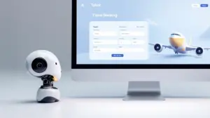 Robot head looking at screen